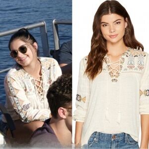 Lucky Brand Boho Lace-Up Embroidered Blouse Size XL